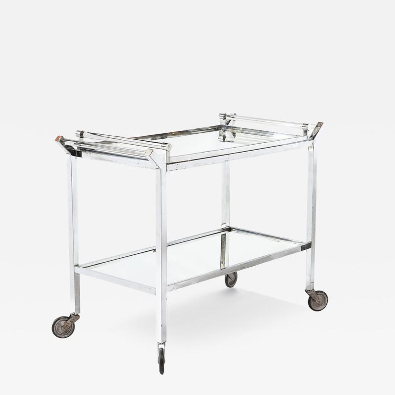 Jacques Adnet Art Deco 2 Tier Rectilinear Nickel Bar Cart w Lucite Handles Mirror by Adnet
