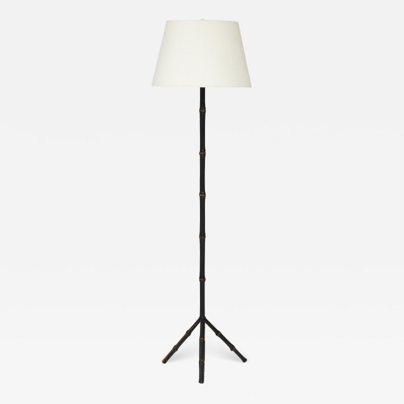 Jacques Adnet Black Leather Tripod Faux Bamboo Floor Lamp by Jacques Adnet