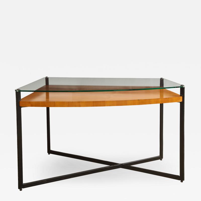 Jacques Adnet CURVED FRUITWOOD CENTER TABLE WITH GLASS TOP BY ADNET