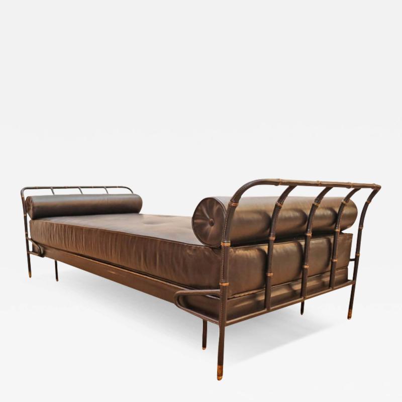 Jacques Adnet Daybed by Jacques Adnet Black Stitched Leather and Brass France 1950