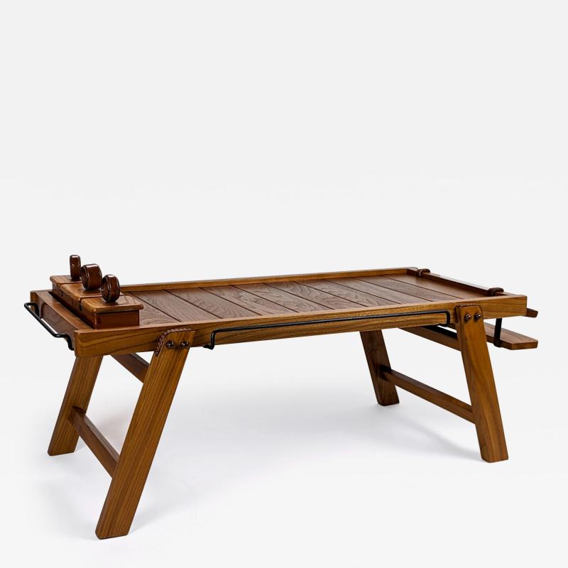 Jacques Adnet ELM AND LEATHER COFFEE TABLE WITH BOXES AND BOTTLE RACK by Jacques Adnet 1950 