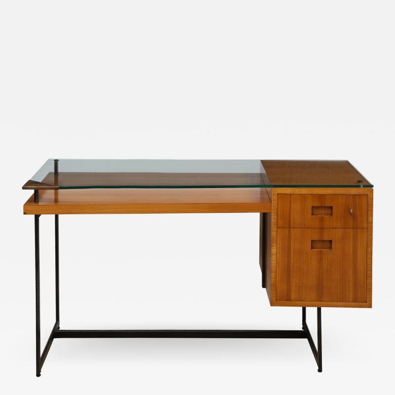 Jacques Adnet FRUITWOOD DESK WITH GLASS TOP BY ADNET