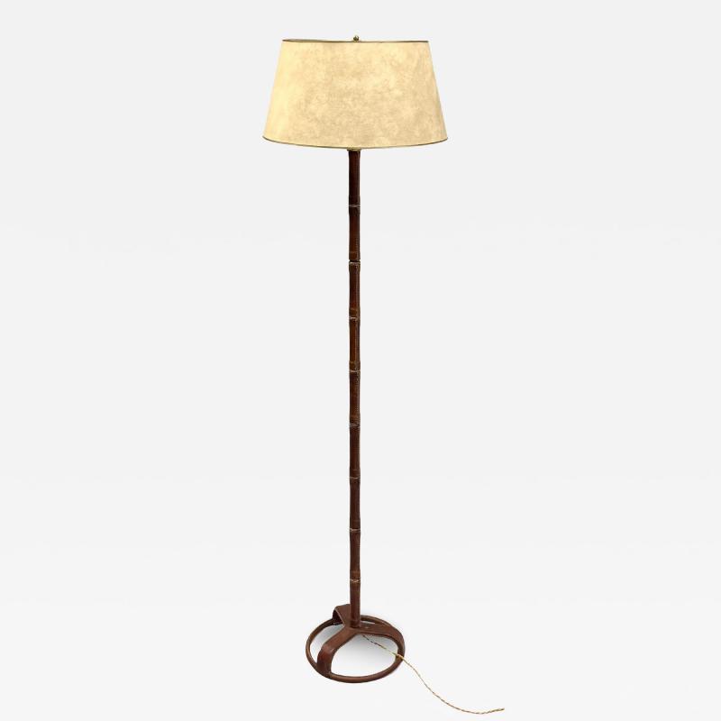 Jacques Adnet French Hand Stitched Faux Bamboo Brown Leather Floor Lamp by Jacques Adnet
