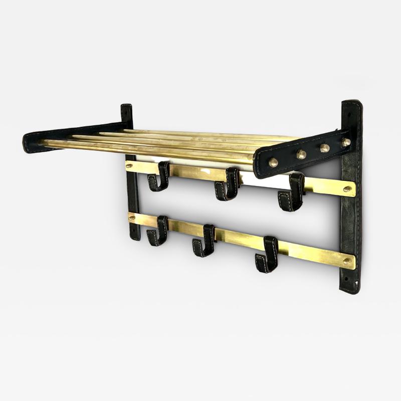 Jacques Adnet French Hand Stitched Leather Brass Coat and Hat Rack by Jacques Adnet 1955