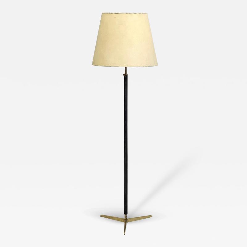 Jacques Adnet French Mid Century Modern Hand Stitched Black Leather Floor Lamp Jacques Adnet