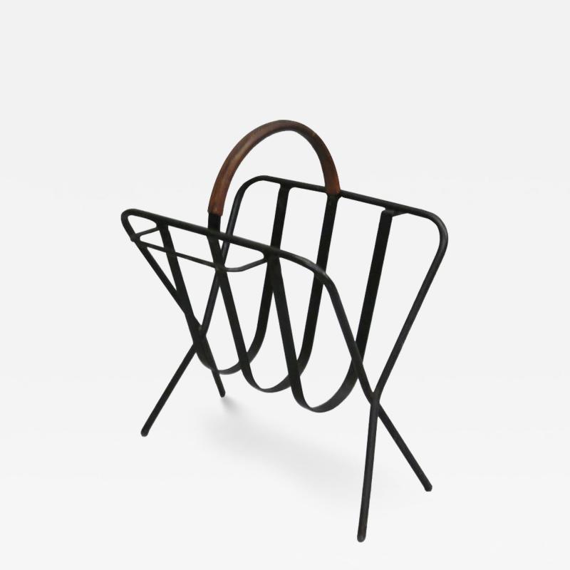Jacques Adnet French Mid Century Modern Leather Iron Magazine Stand in Style Jacques Adnet