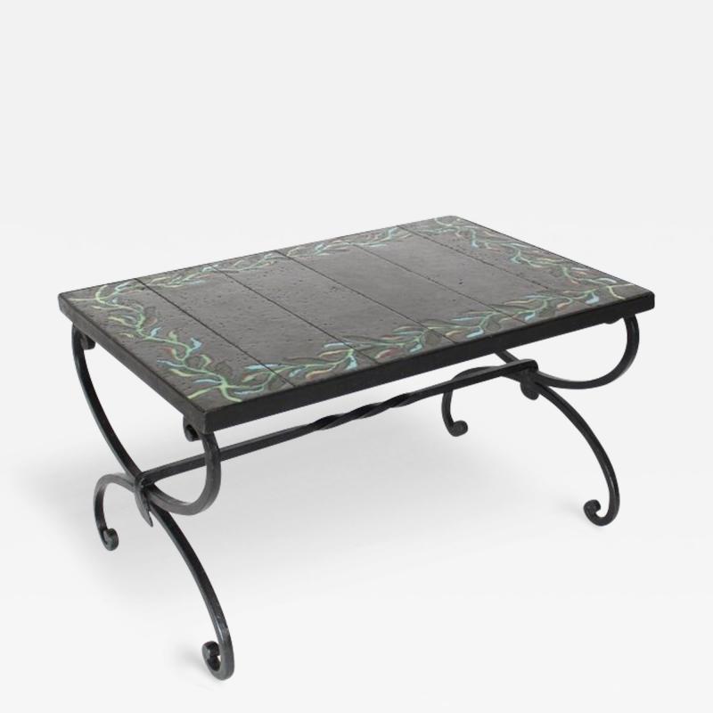 Jacques Adnet JACQUES ADNET FRENCH CERAMIC COFFEE SIDE TABLE WITH IRON BASE
