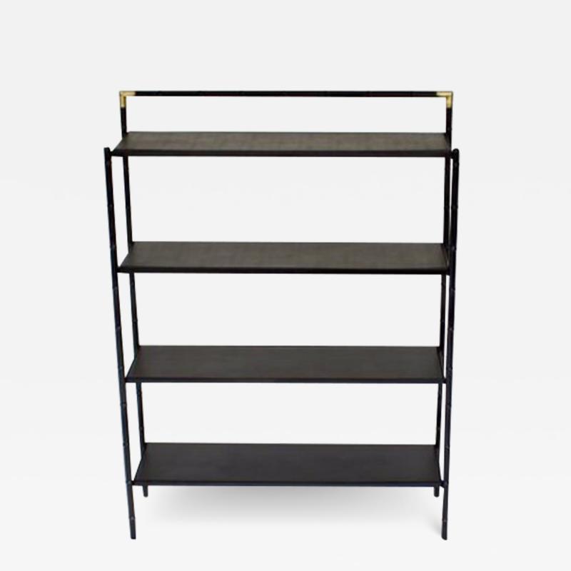 Jacques Adnet JACQUES ADNET FRENCH ETAGERE OR BOOKSHELF DISPLAY SHELF BLACK METAL FAUX BAMBOO