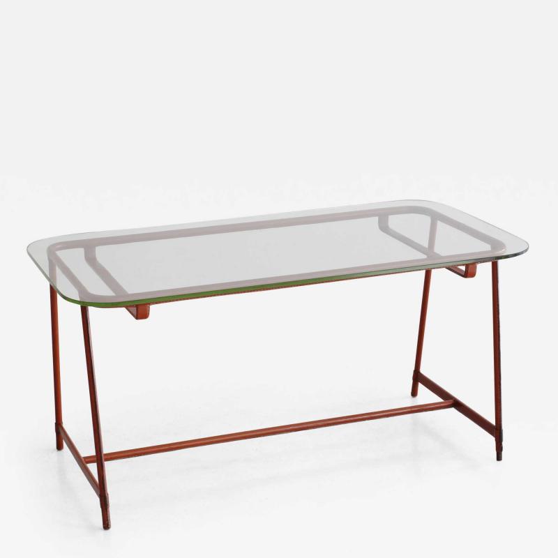 Jacques Adnet JACQUES ADNET LEATHER AND GLASS COFFEE TABLE