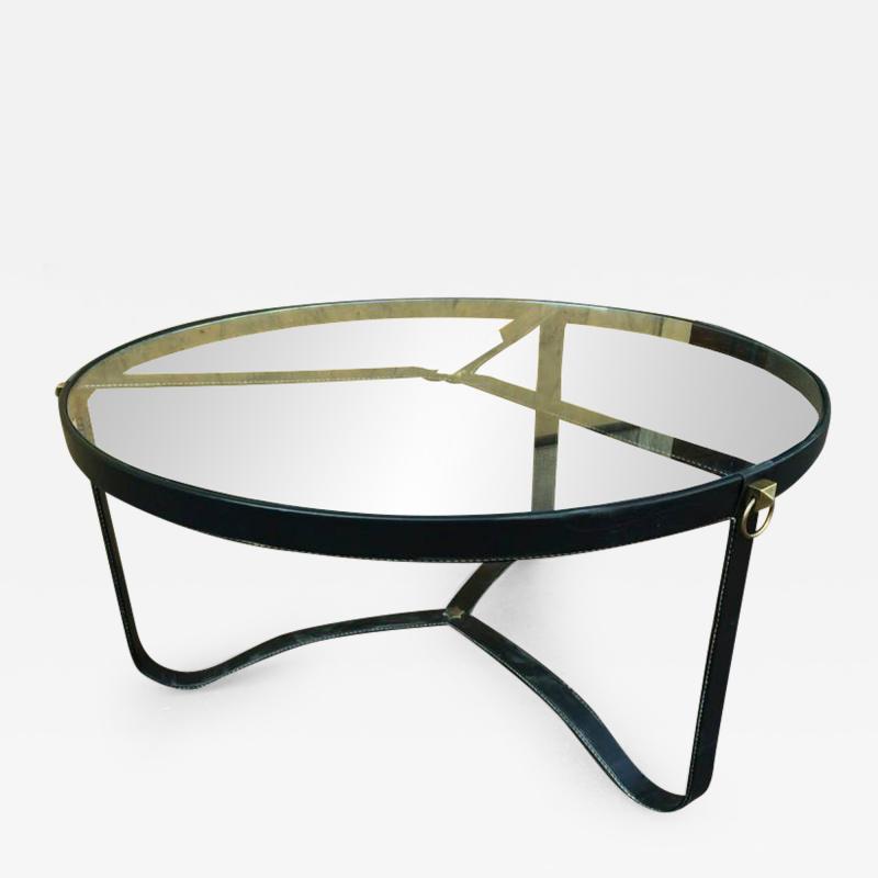 Jacques Adnet Jacques Adnet 1940s Black Hand Stitched Leather Tripod Coffee Table