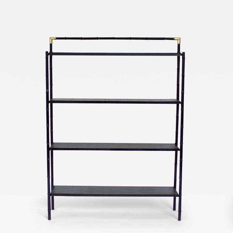 Jacques Adnet Jacques Adnet French Etagere or Bookshelf Display Shelf Black Metal Faux Bamboo