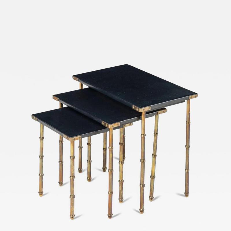 Jacques Adnet Jacques Adnet French Mid Century Modern Nesting Tables Leather Brass 1950s