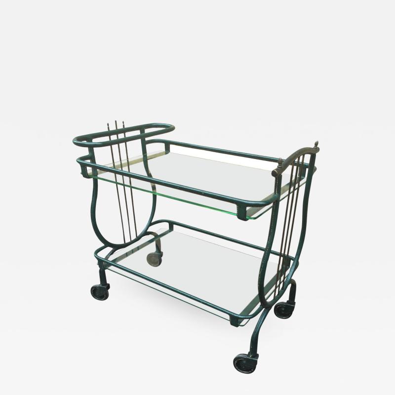 Jacques Adnet Jacques Adnet Harp Shaped Cocktail Rolling Cart in Vintage Leather