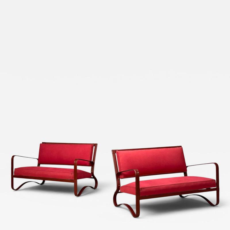 Jacques Adnet Jacques Adnet Rare Two Seater Sofas Leather Steel France 1950s