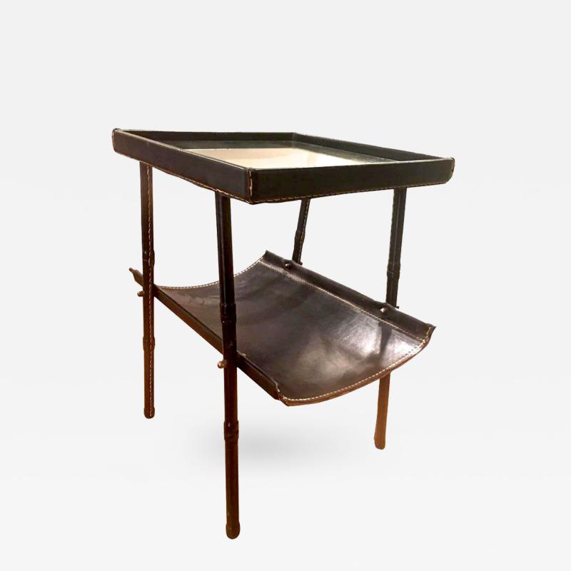 Jacques Adnet Jacques Adnet Two Tier Side Table and Magazine Rack in Black Leather