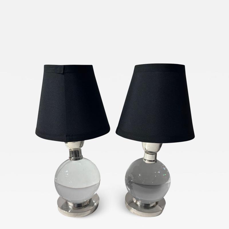 Jacques Adnet Jacques Adnet and Clear Baccarat Crystal Ball Metal Art Deco Table Lamps