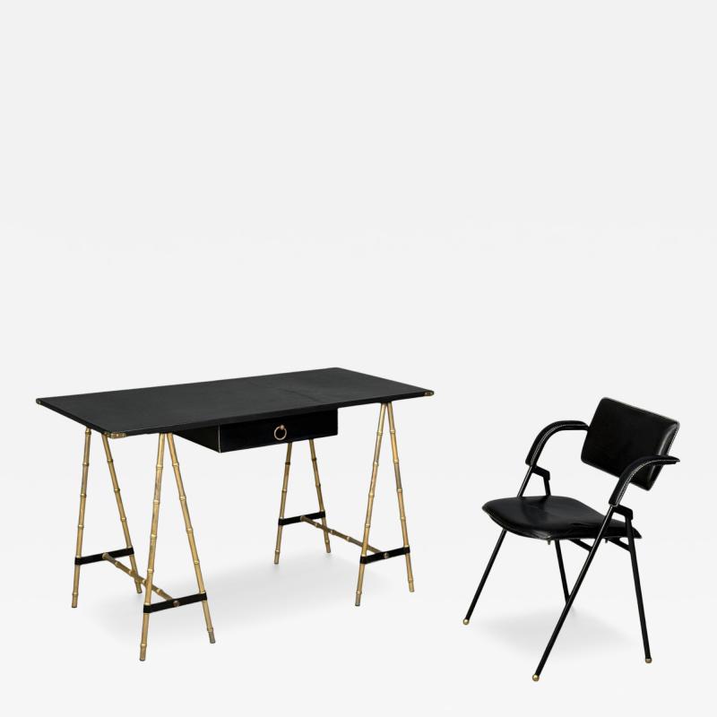 Jacques Adnet Jacques Adnet attr Desk and Folding Chair Black Leather Brass France 1950s