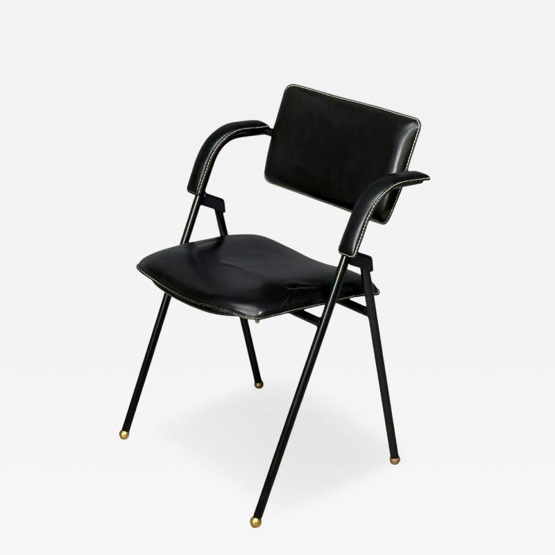 Jacques Adnet Jacques Adnet attr Folding Chair Black Leather Brass France 1950s