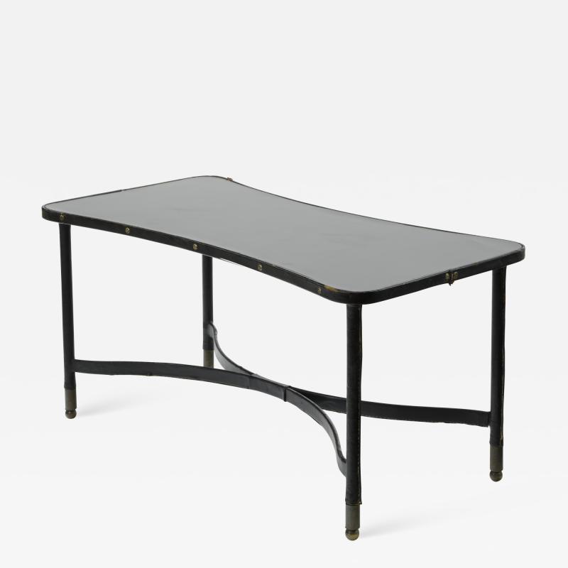 Jacques Adnet Jacques Adnet clover shaped vintage shaped black hand stitched coffee table