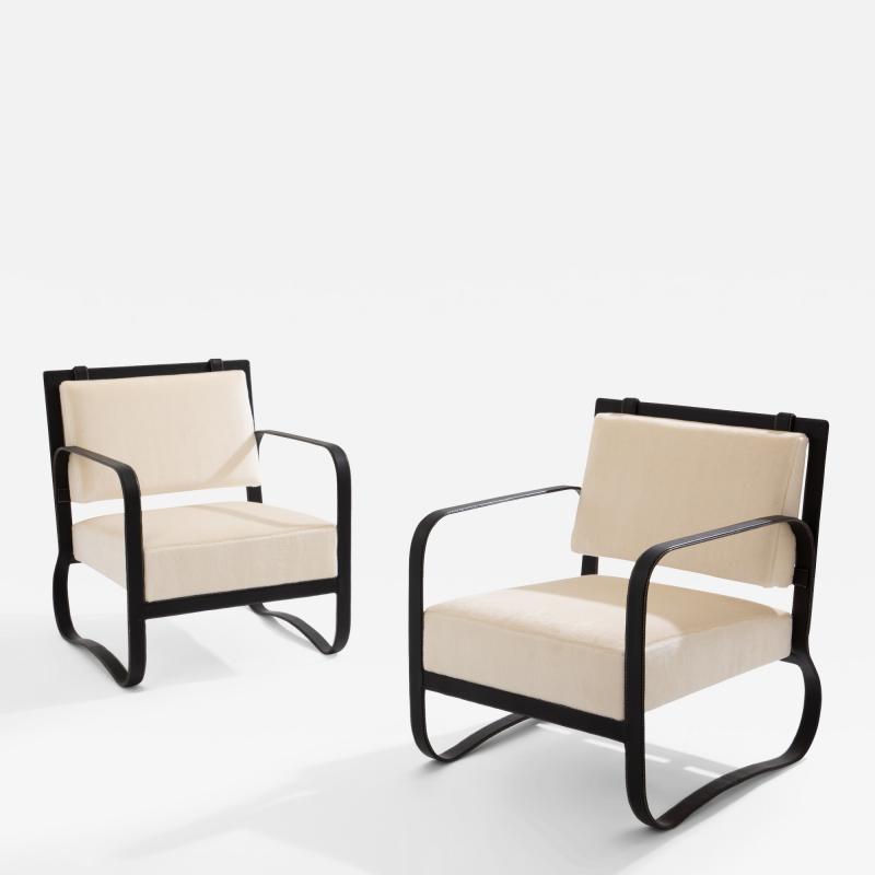 Jacques Adnet Jacques Adnet leather mohair velvet pair of armchairs 1950