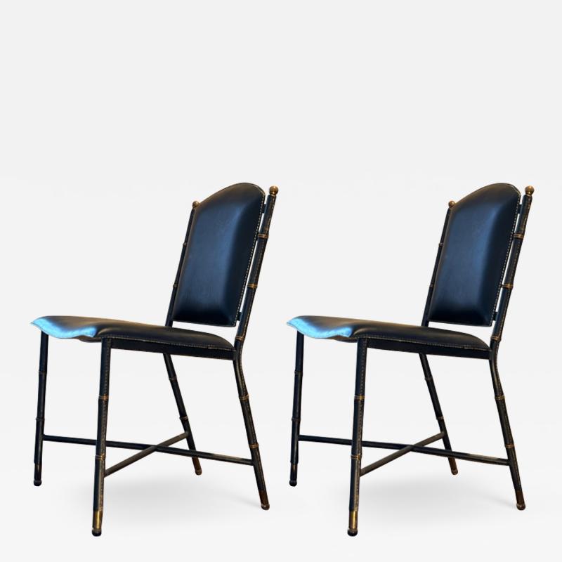 Jacques Adnet Jacques Adnet pair of chicest black hand stitched leather pair of chairs