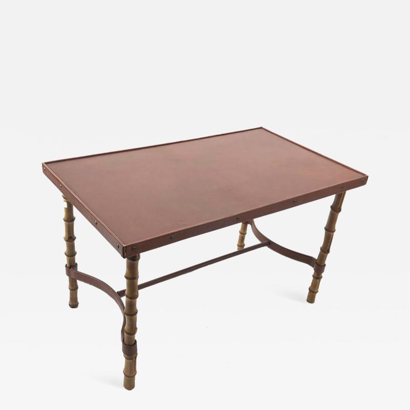 Jacques Adnet Jacques Adnet rare bamboo and hand stitched brown leather coffee table
