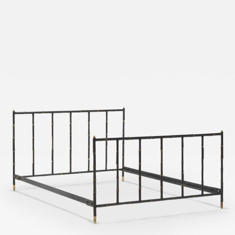 Jacques Adnet Leather and Brass Full Size Bed Frame France 1950