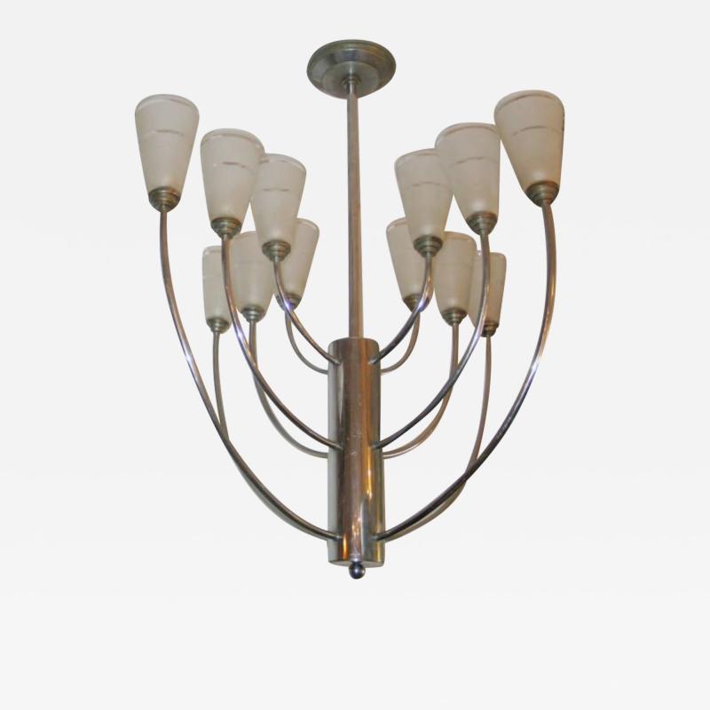 Jacques Adnet Mid Century Modern Nickel Satin Glass Chandelier Attributed to Jacques Adnet