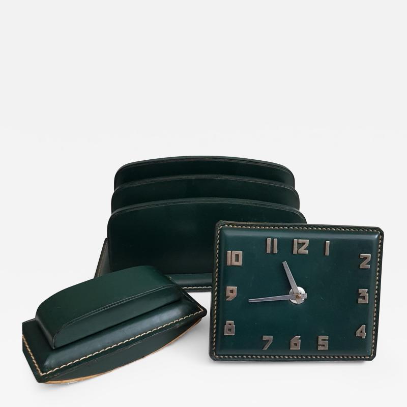 Jacques Adnet Mid Century Modern stitched saddle leather desk set attributed to Jacques Adnet