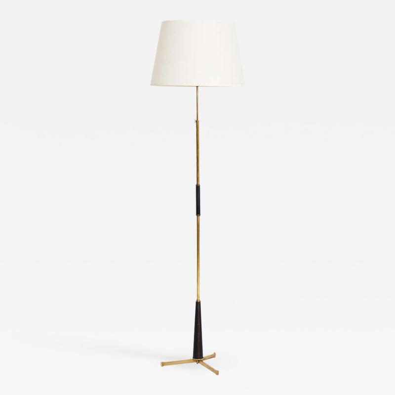 Jacques Adnet Midcentury Black Leather and Brass Floor Lamp