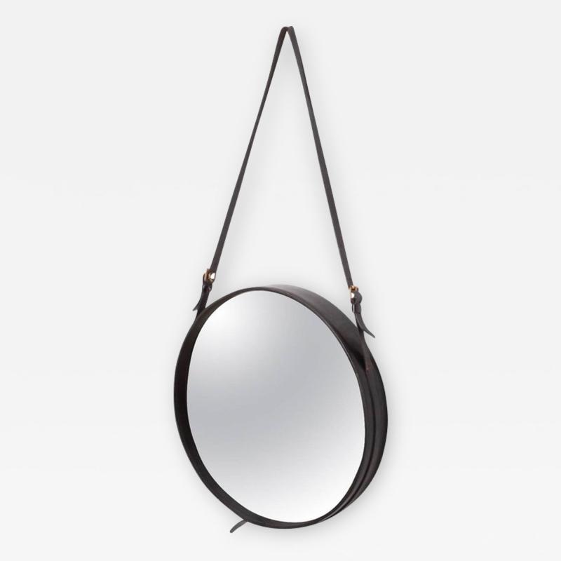 Jacques Adnet Mirror in Black Leather by Jacques Adnet France 1950