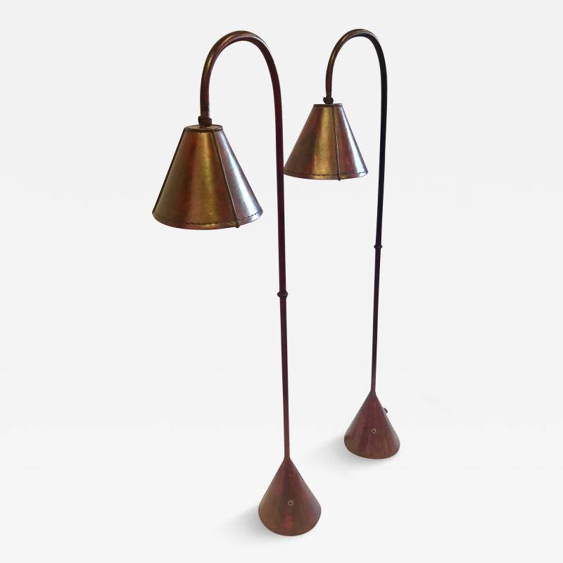 Jacques Adnet Pair French Mid Century Burgundy Stitched Leather Floor Lamps by Jacques Adnet
