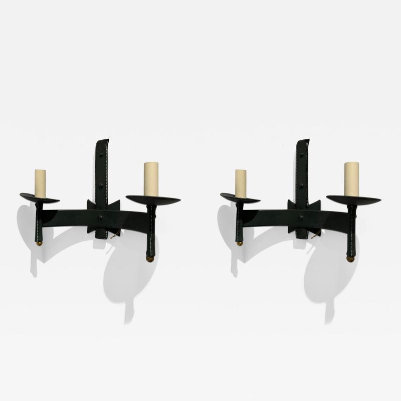 Jacques Adnet Pair of 1950s Stitched Leather Sconces by Jacques Adnet