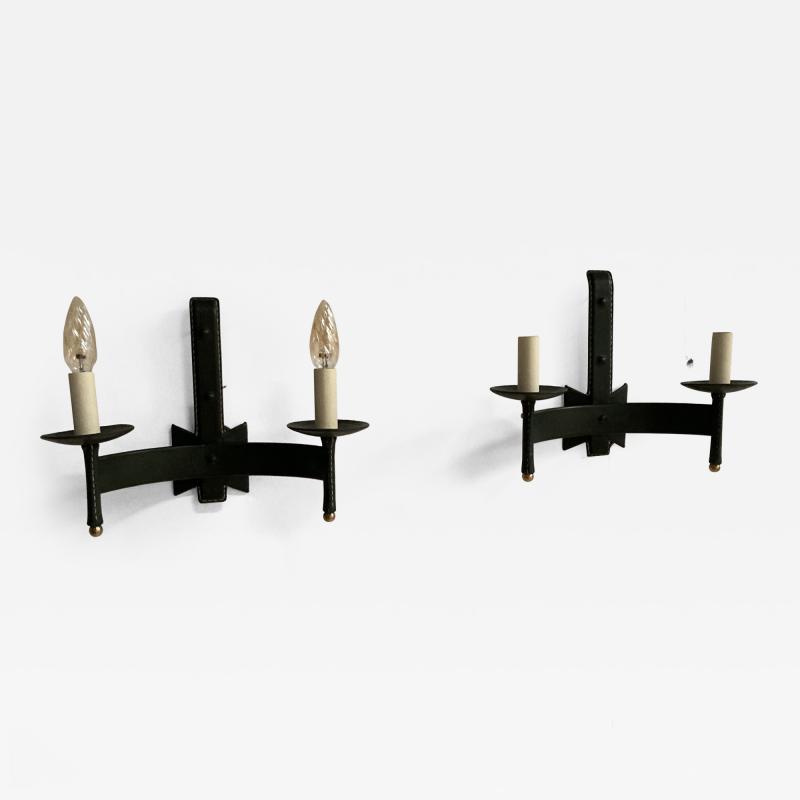Jacques Adnet Pair of 1950s Stitched Leather sconces by Jacques Adnet