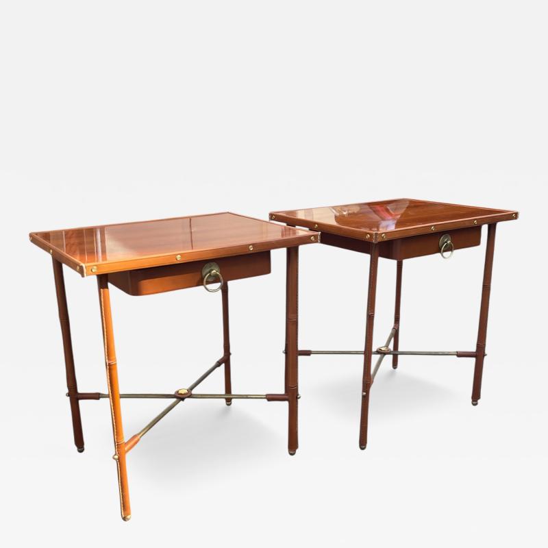 Jacques Adnet Pair of 1950s Stitched leather Side tables by Jacques Adnet