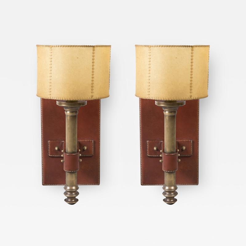 Jacques Adnet Pair of 1950s Stitched leather sconces By Jacques Adnet