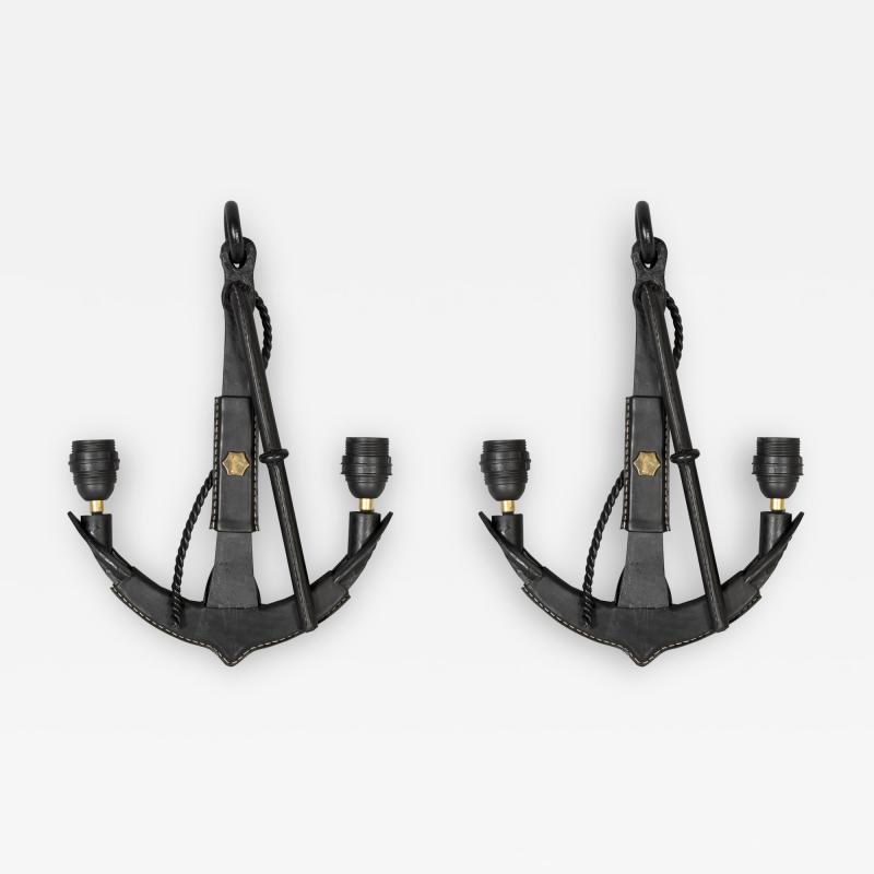 Jacques Adnet Pair of 1950s Stitched leather sconces by Jacques Adnet