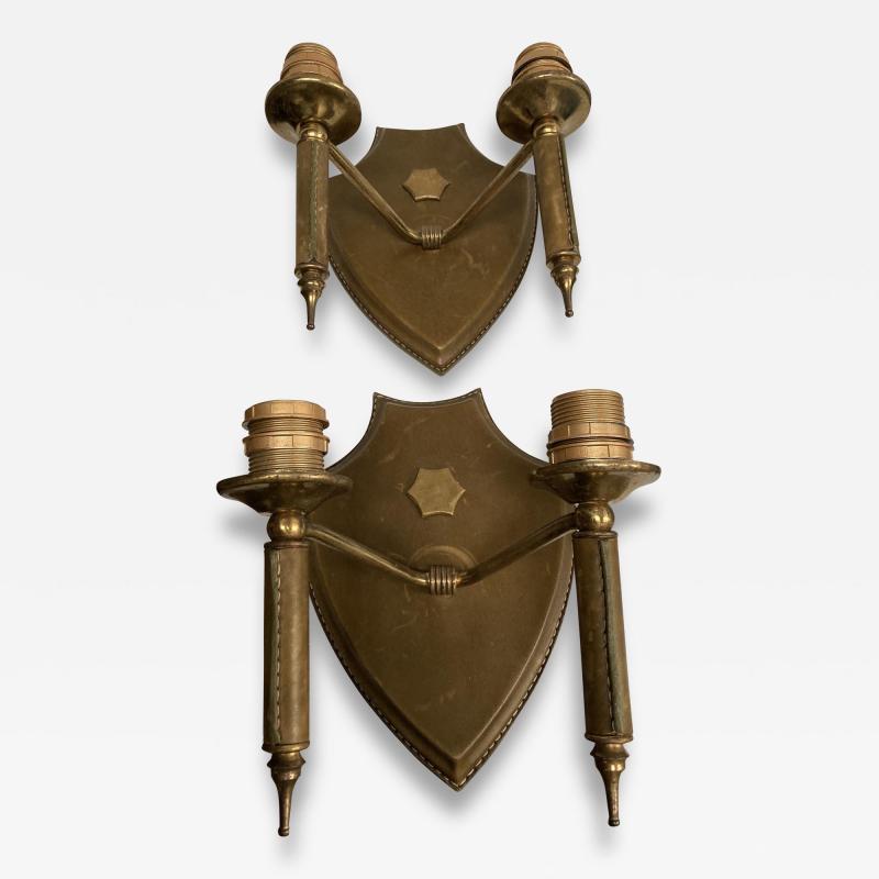 Jacques Adnet Pair of 1950s Stitched leather sconces by Jacques Adnet