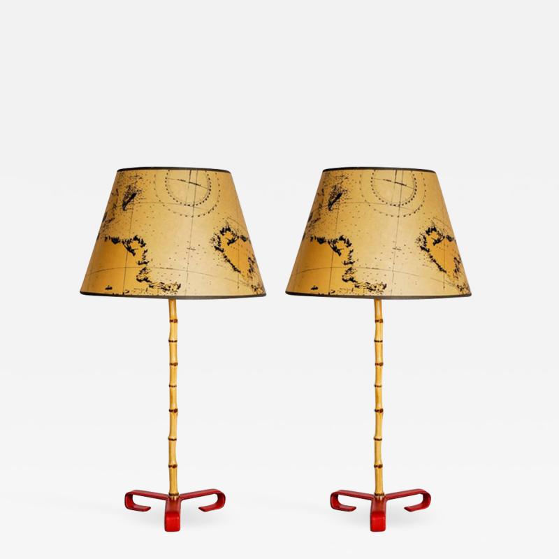 Jacques Adnet Pair of Bambou Stitched Leather lamps BY Jacques Adnet