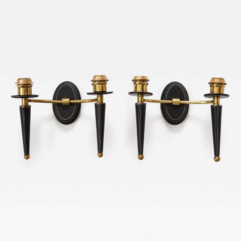 Jacques Adnet Pair of Black Leather and Polished Brass Double Arm Walls Sconces