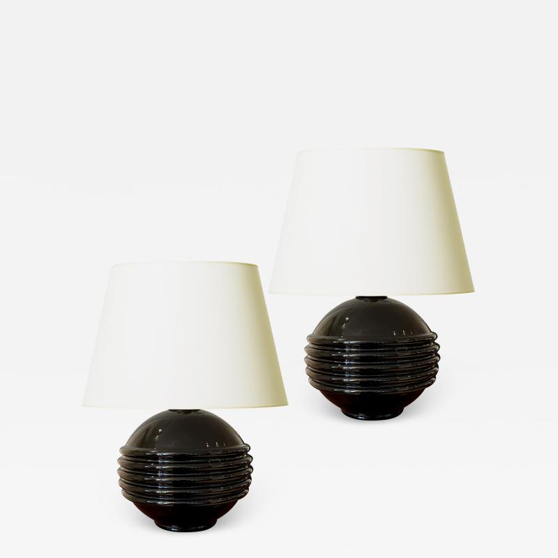 Jacques Adnet Pair of Black Opaline Glass Lamps in the Style of Jacques Adnet