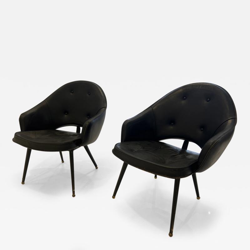 Jacques Adnet Pair of Black stitched Leather Chairs