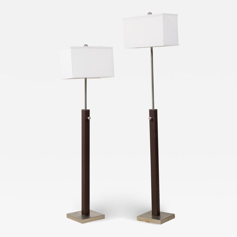 Jacques Adnet Pair of French Matched Brown Stitched Leather Floor Lamps