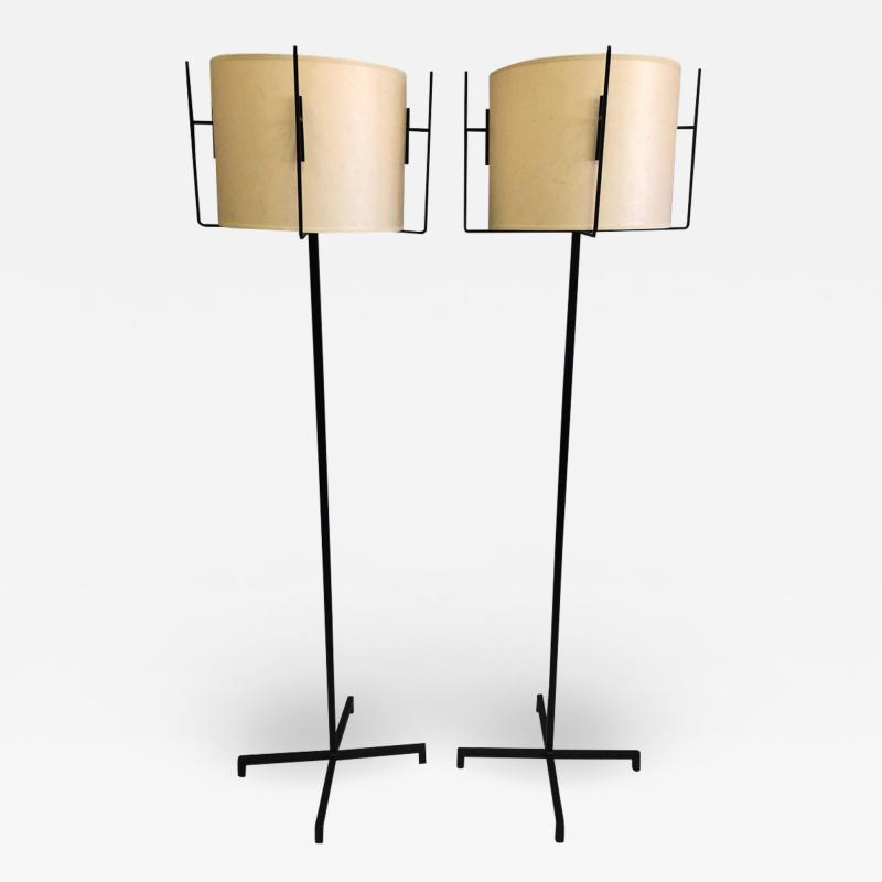 Jacques Adnet Pair of French Mid Century Modern Iron Parchment Floor Lamps by Jacques Adnet