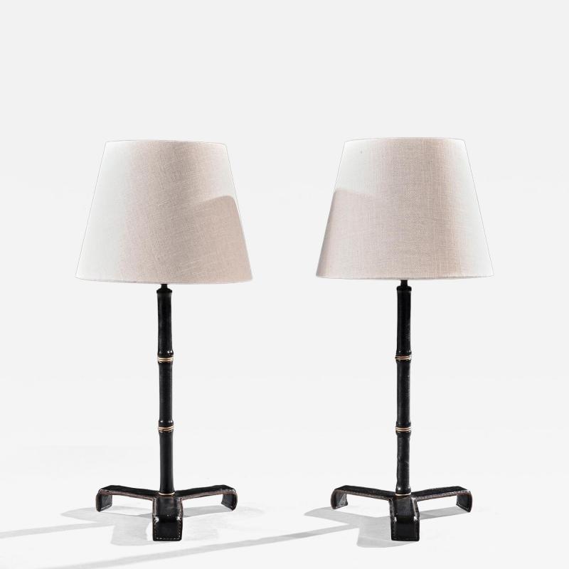 Jacques Adnet Pair of Leather Simulated Bamboo Table Lamps Attributed to Jacques Adnet