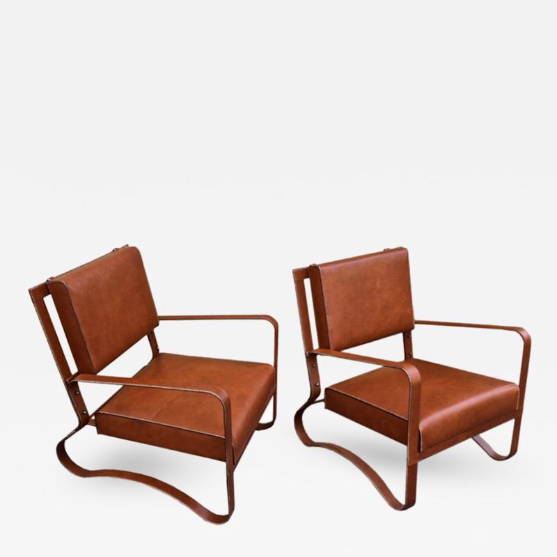 Jacques Adnet Pair of Rare Lounge Chairs in Hand Stitched Leather
