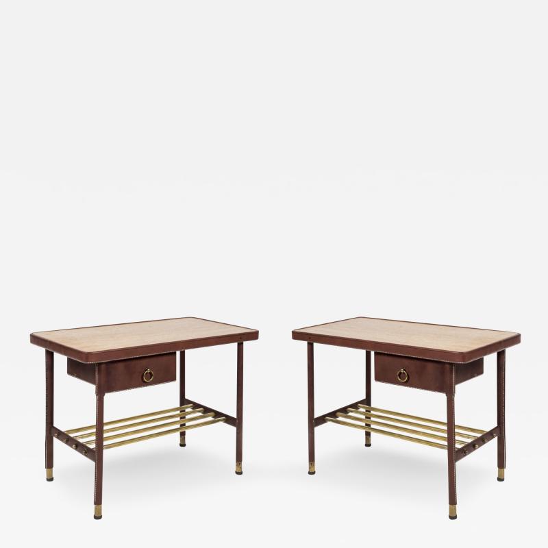 Jacques Adnet Pair of Stitched Leather Side tables By Jacques Adnet