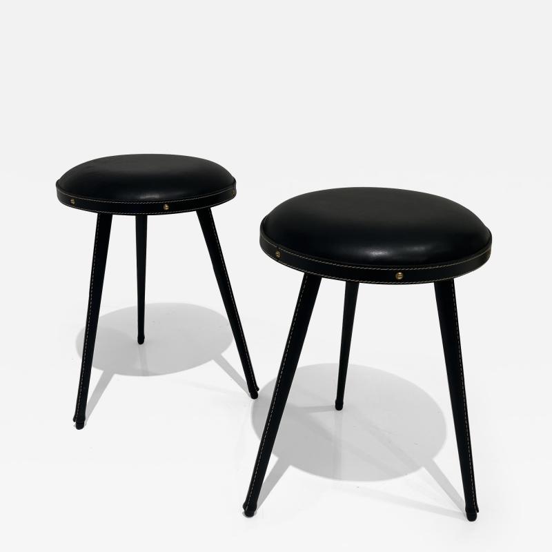 Jacques Adnet Pair of Stitched Leather Stools