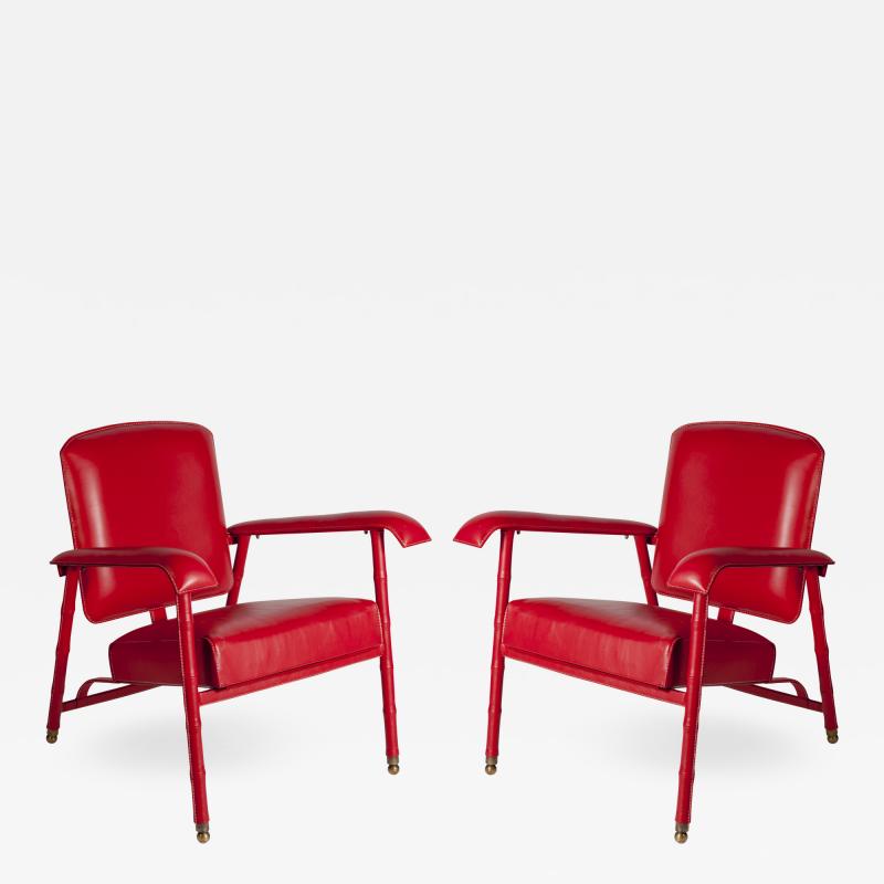 Jacques Adnet Pair of Stitched Leather armchairs by Jacques Adnet