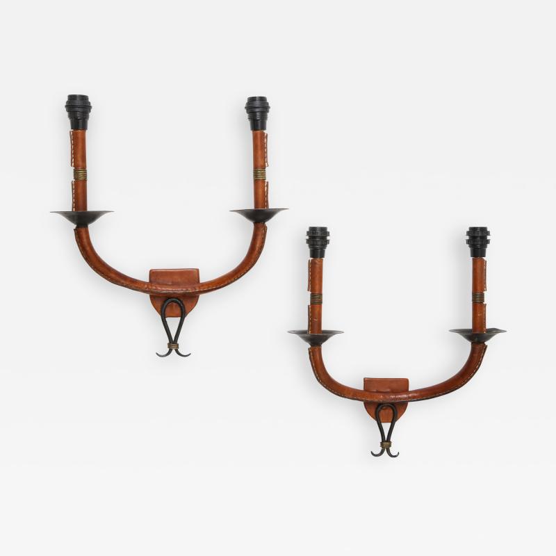 Jacques Adnet Pair of Stitched Leather sconces by Jacques Adnet